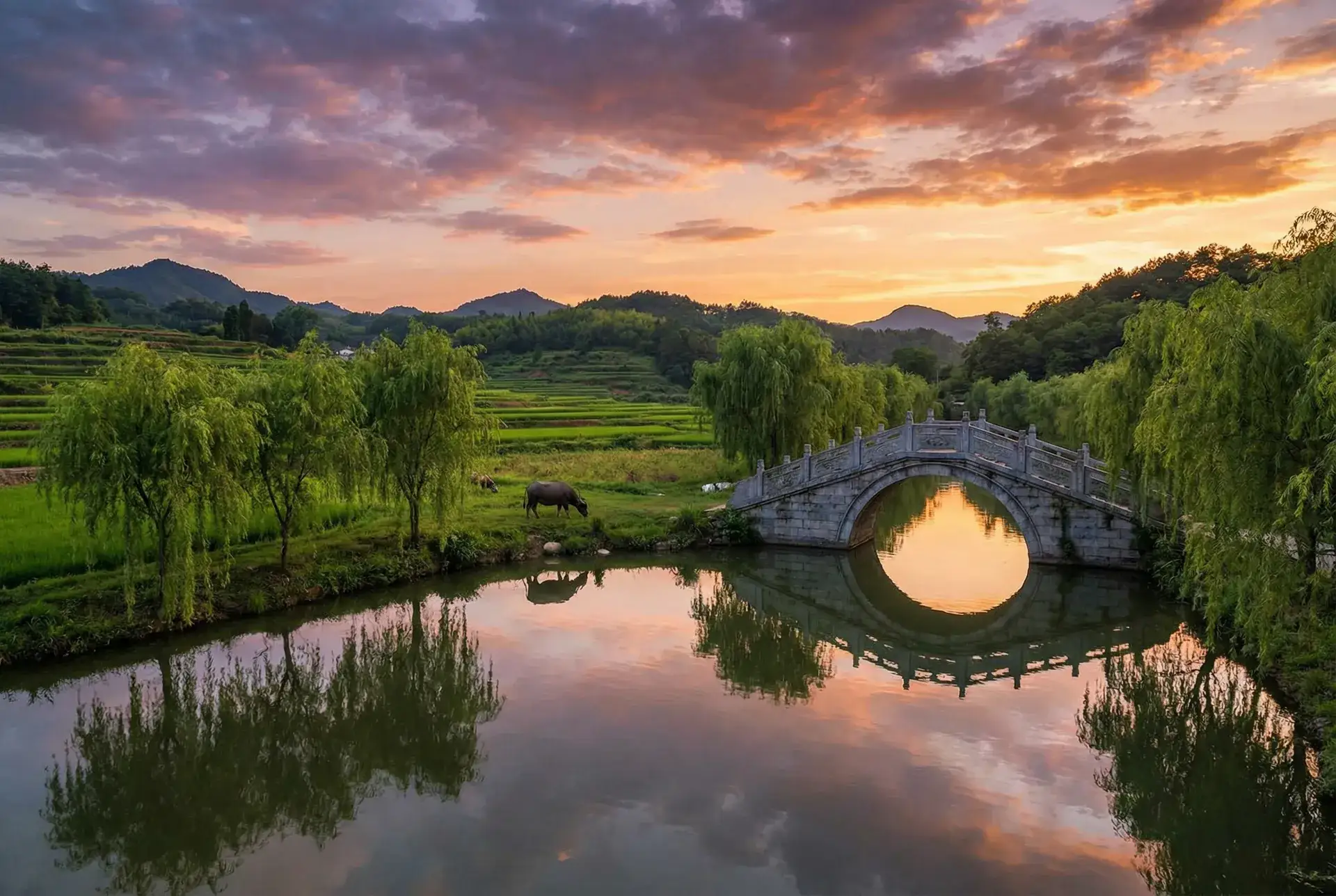 夕阳下的石拱桥与垂柳，水牛在河边吃草 - wow美味巧克力蛋糕 乡村美景